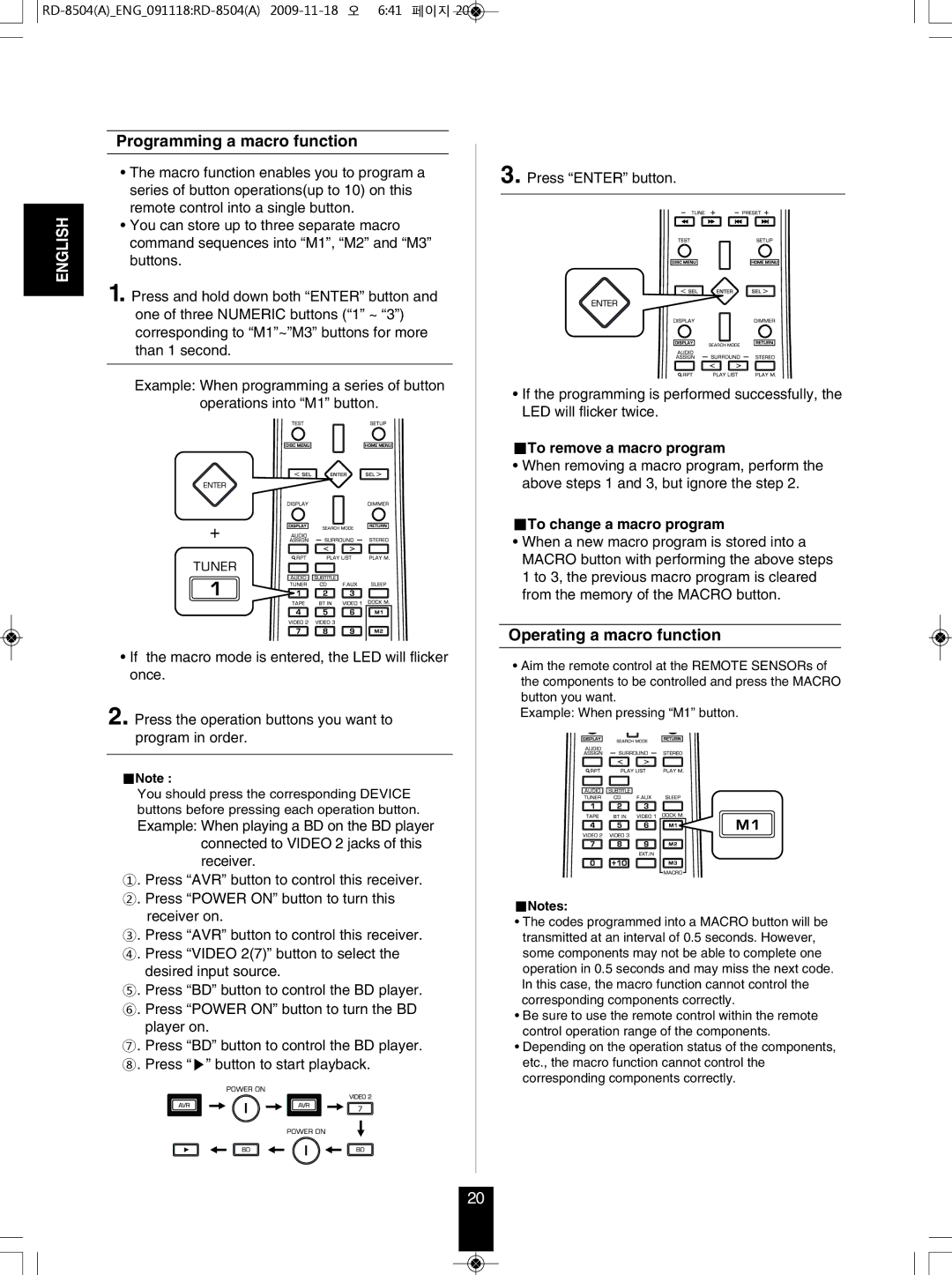 Sherwood RD-8504 manual Programming a macro function, Operating a macro function, To remove a macro program 