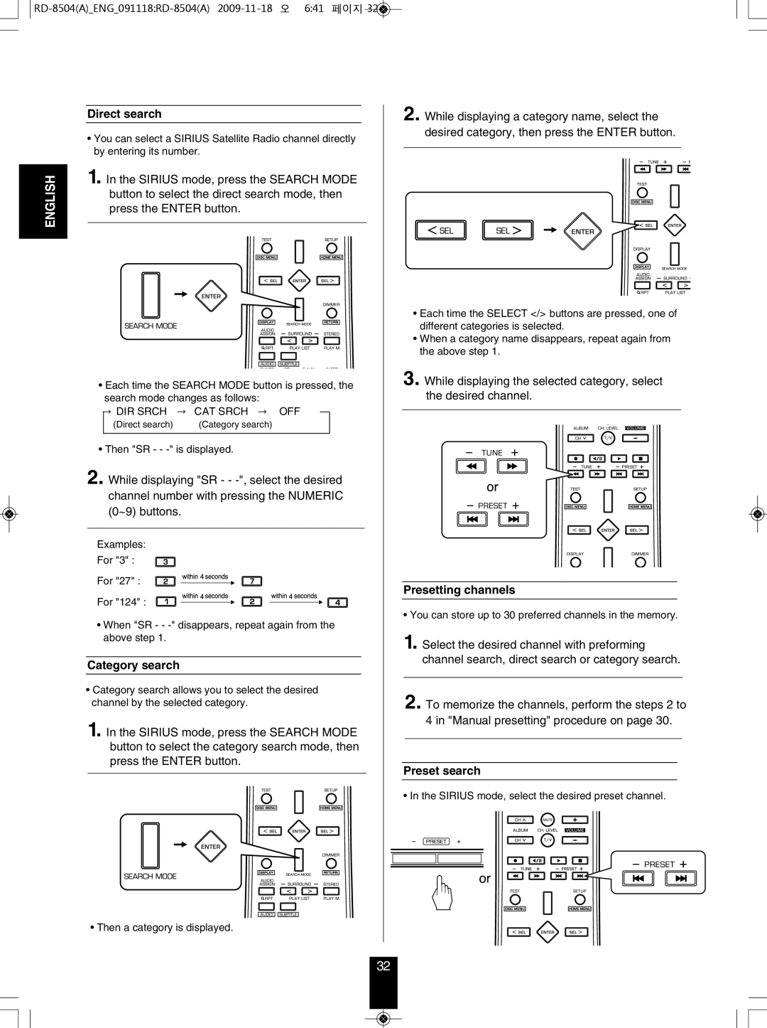 Sherwood RD-8504 manual Direct search, Category search, Presetting channels, Preset search, →DIR Srch →CAT Srch →OFF 