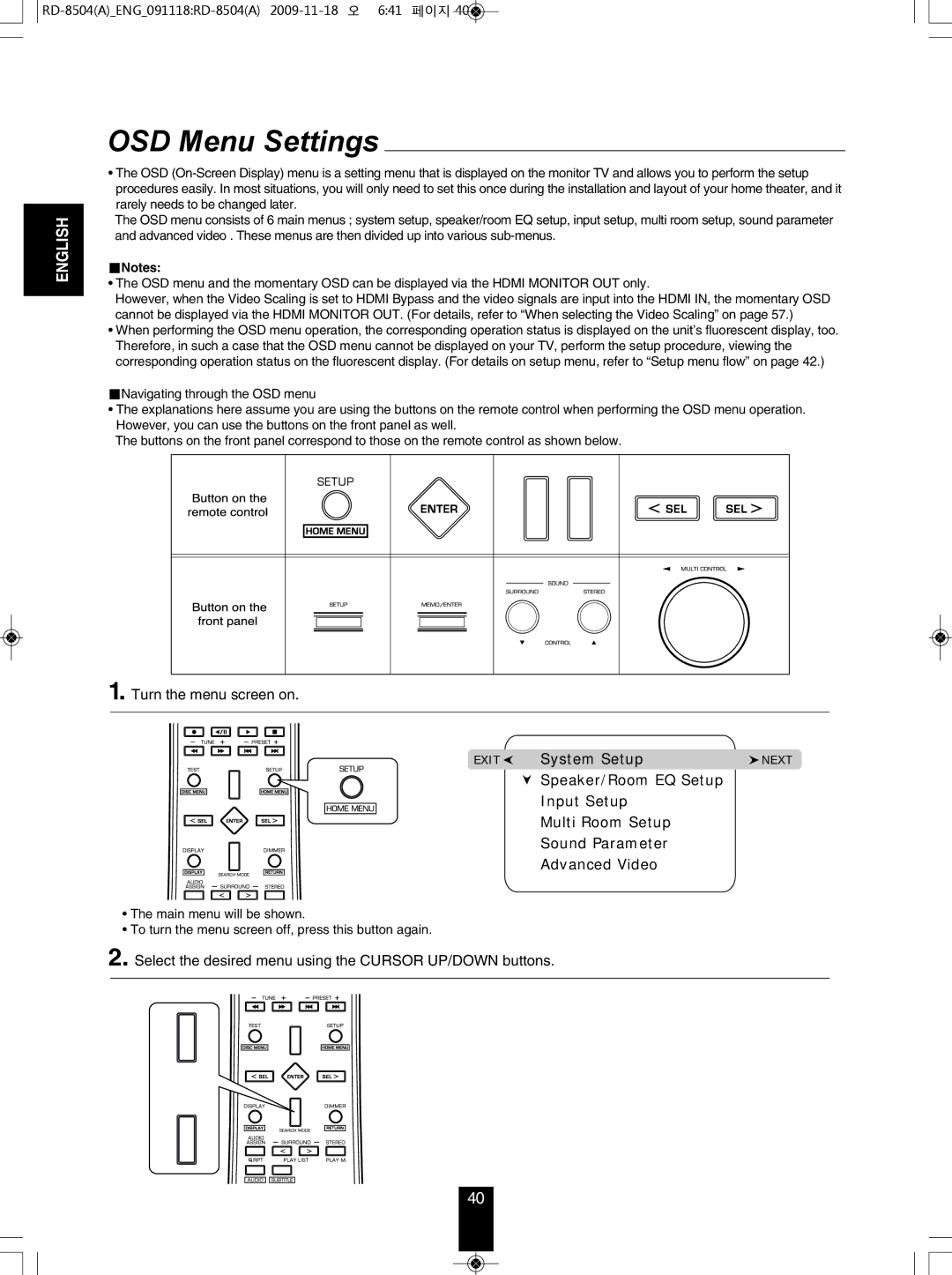 Sherwood RD-8504 OSD Menu Settings, Turn the menu screen on, Select the desired menu using the Cursor UP/DOWN buttons 