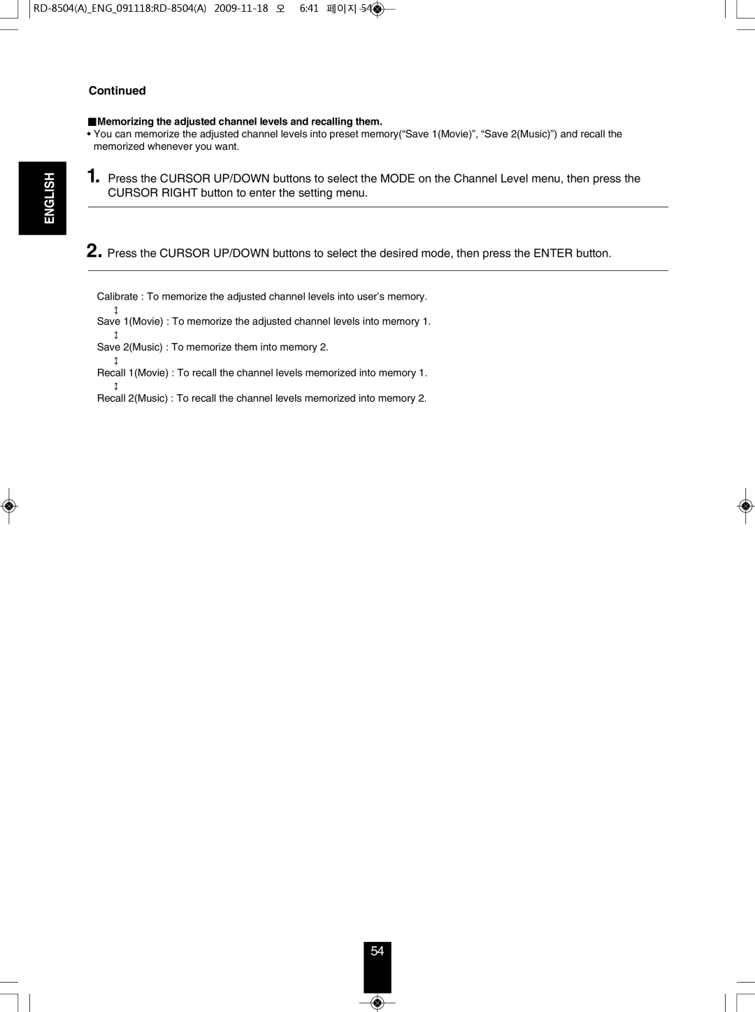 Sherwood RD-8504 manual Memorizing the adjusted channel levels and recalling them 