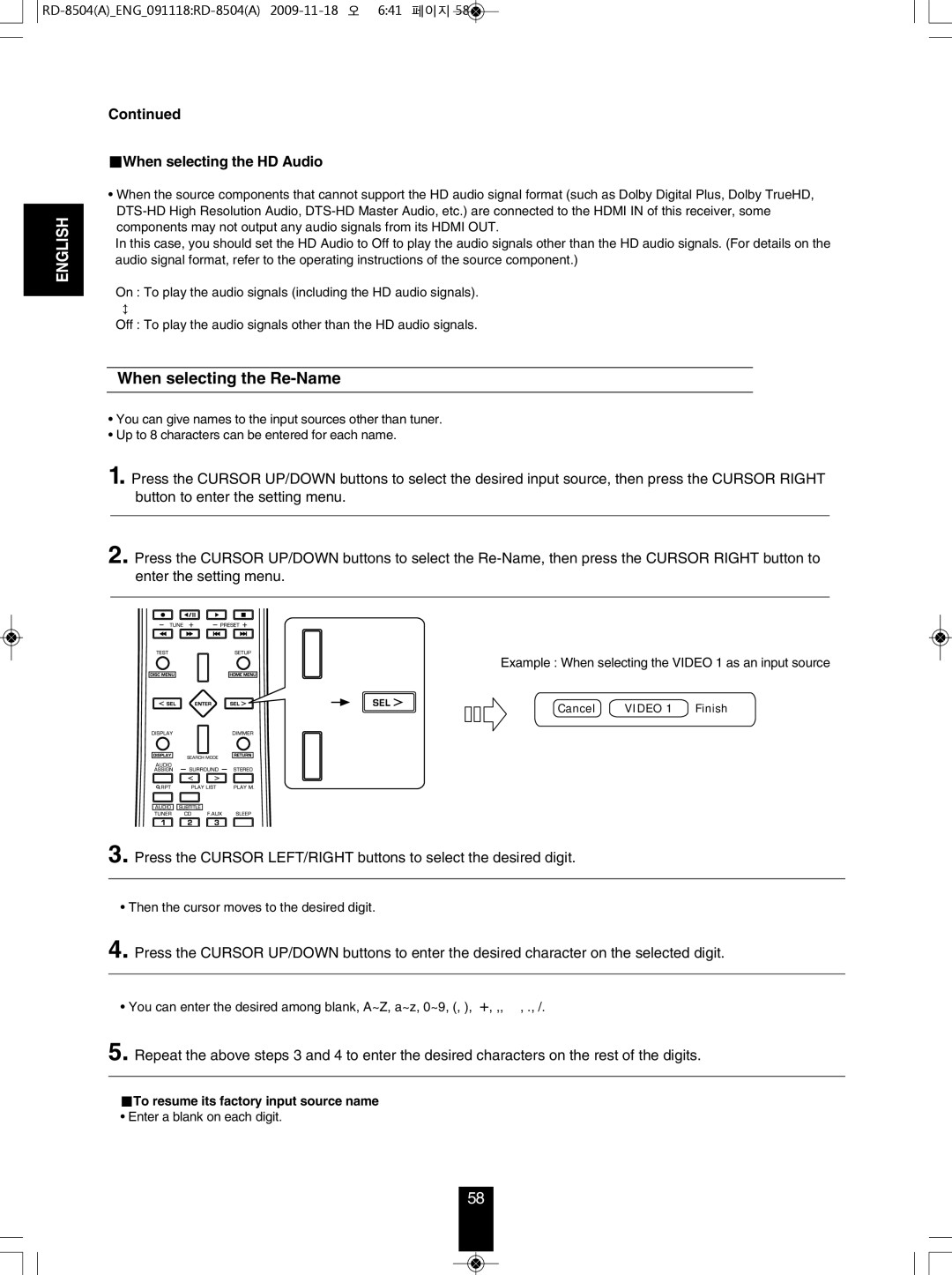 Sherwood RD-8504 manual When selecting the Re-Name, When selecting the HD Audio, To resume its factory input source name 