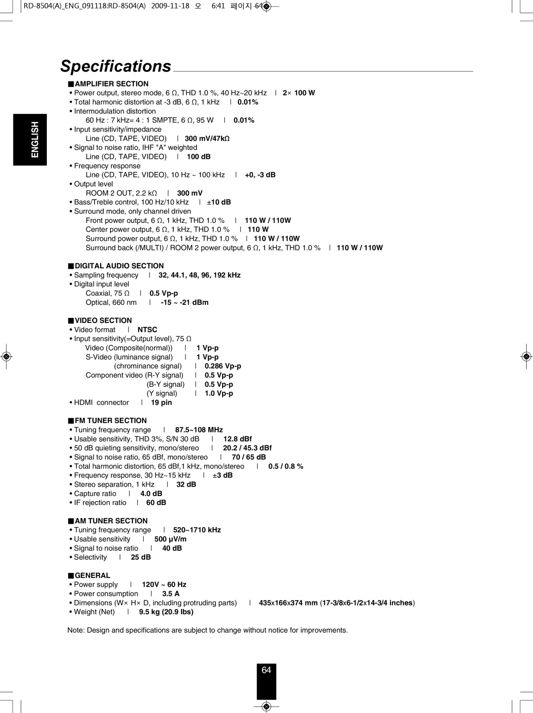 Sherwood RD-8504 manual Specifications 