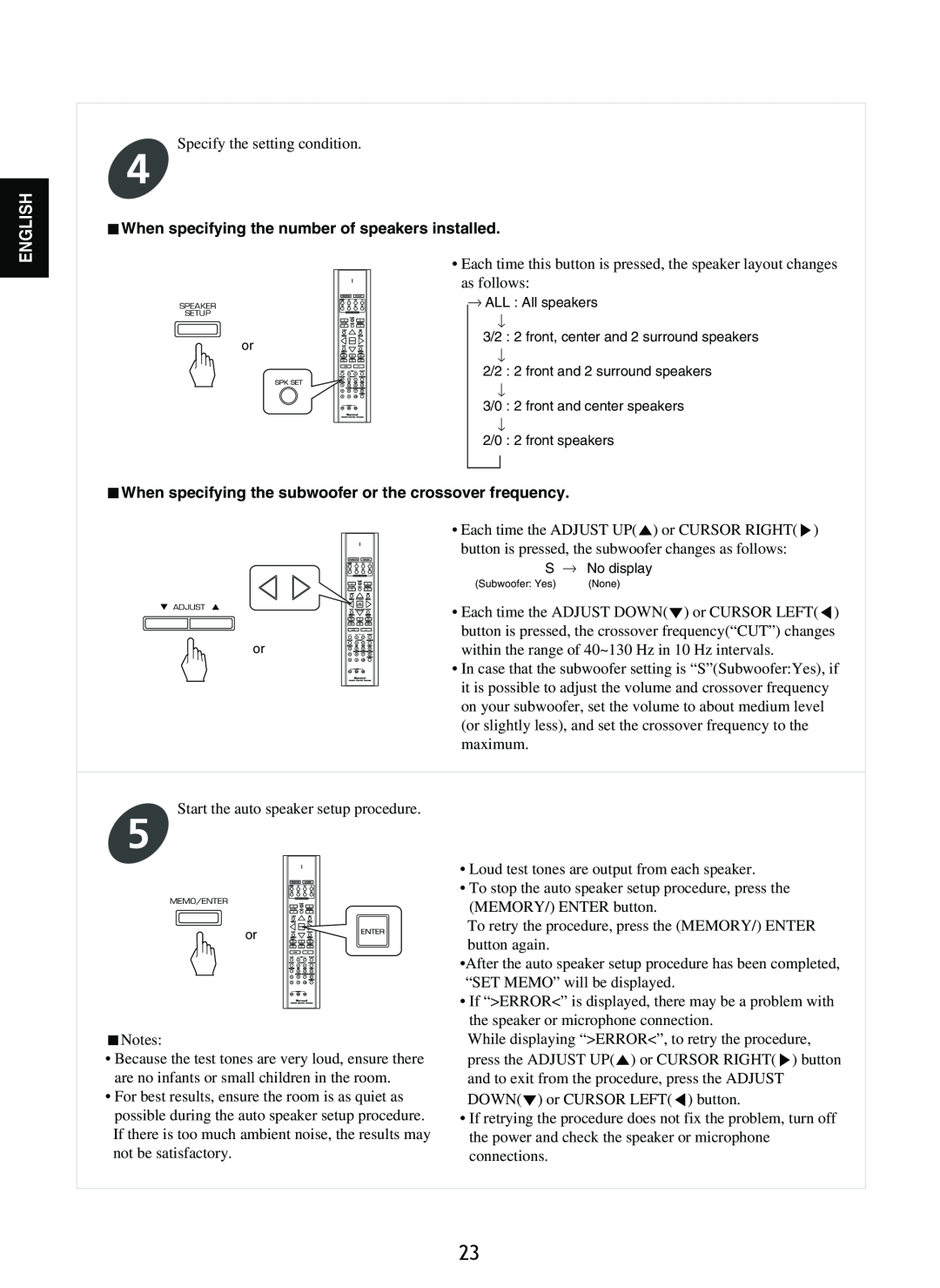 Sherwood RD-8601 operating instructions When specifying the number of speakers installed, English 