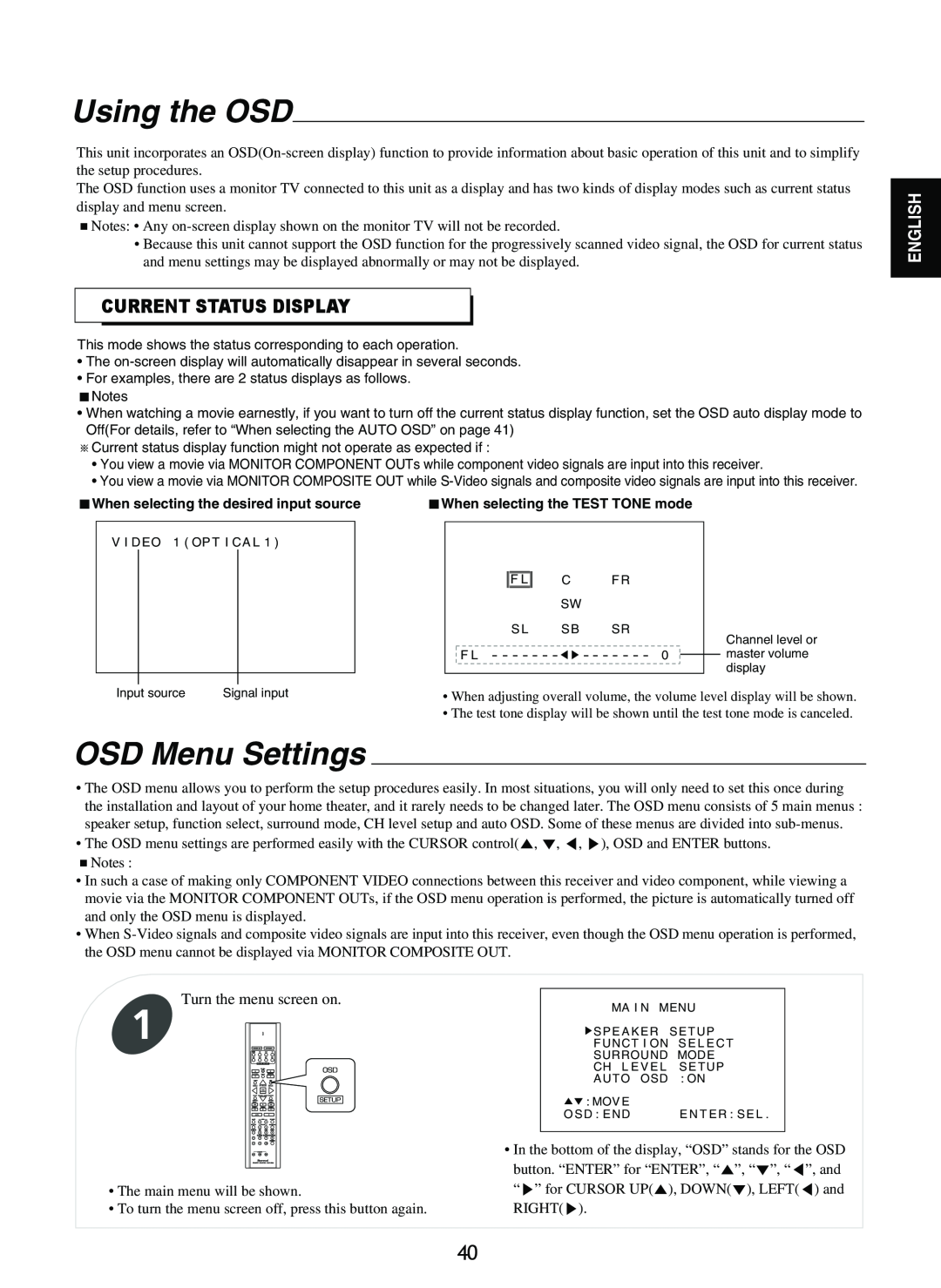 Sherwood RD-8601 operating instructions Using the OSD, OSD Menu Settings, Current Status Display, English 