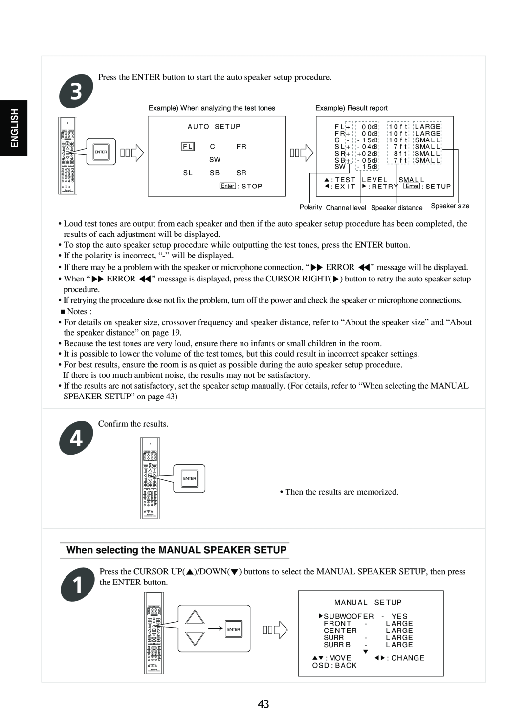 Sherwood RD-8601 operating instructions When selecting the MANUAL SPEAKER SETUP, English 