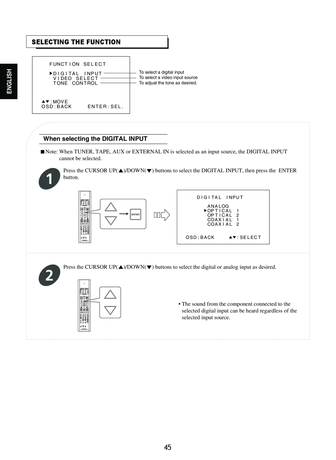 Sherwood RD-8601 operating instructions Selecting The Function, When selecting the DIGITAL INPUT, English 