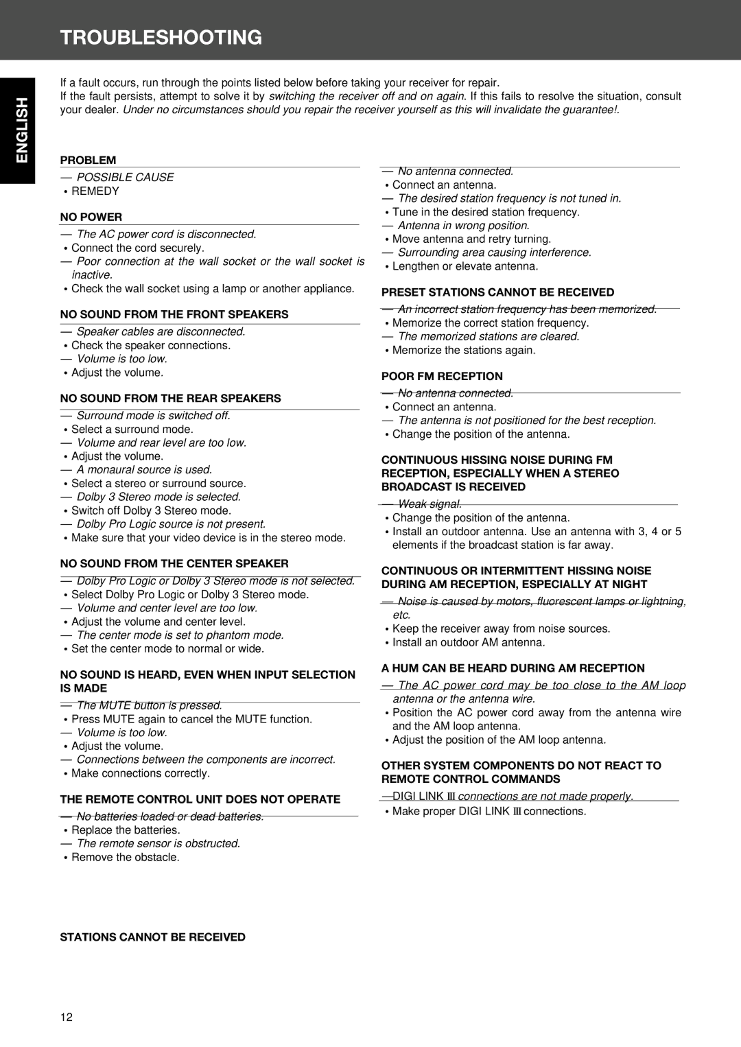 Sherwood RV-4060R manual Troubleshooting 