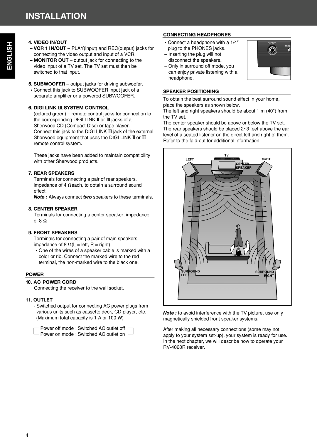 Sherwood RV-4060R manual Installation, Speaker Positioning 