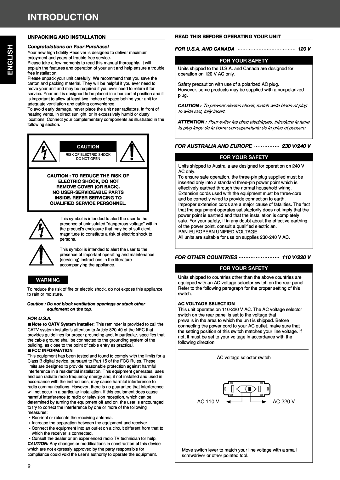 Sherwood RV-4060R manual Introduction, English, For Your Safety, For Australia And Europe, For Other Countries, For U.S.A 