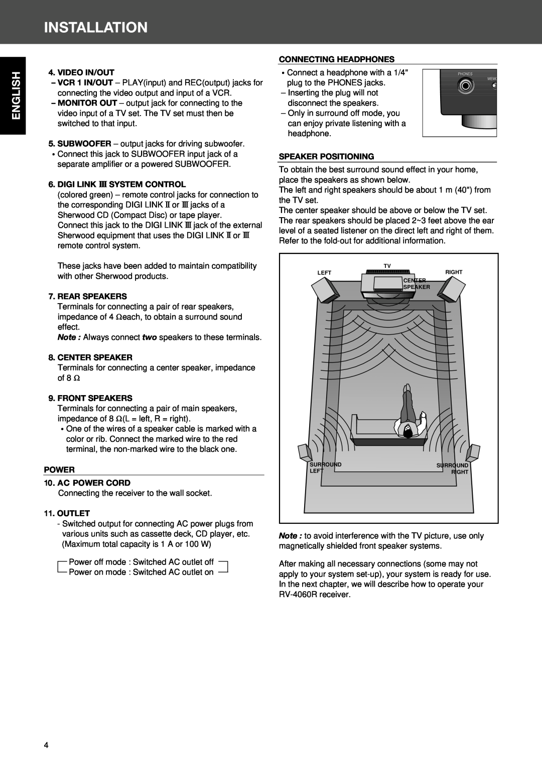 Sherwood RV-4060R manual Installation, Speaker Positioning, English 
