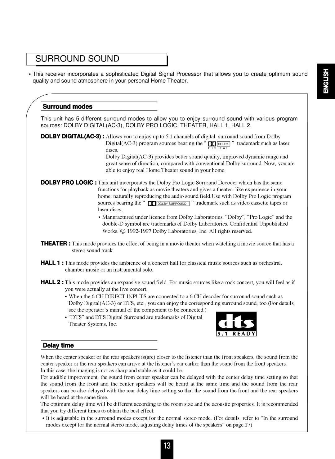 Sherwood RVD-6090R operating instructions Surround Sound, Surround modes, Delay time 