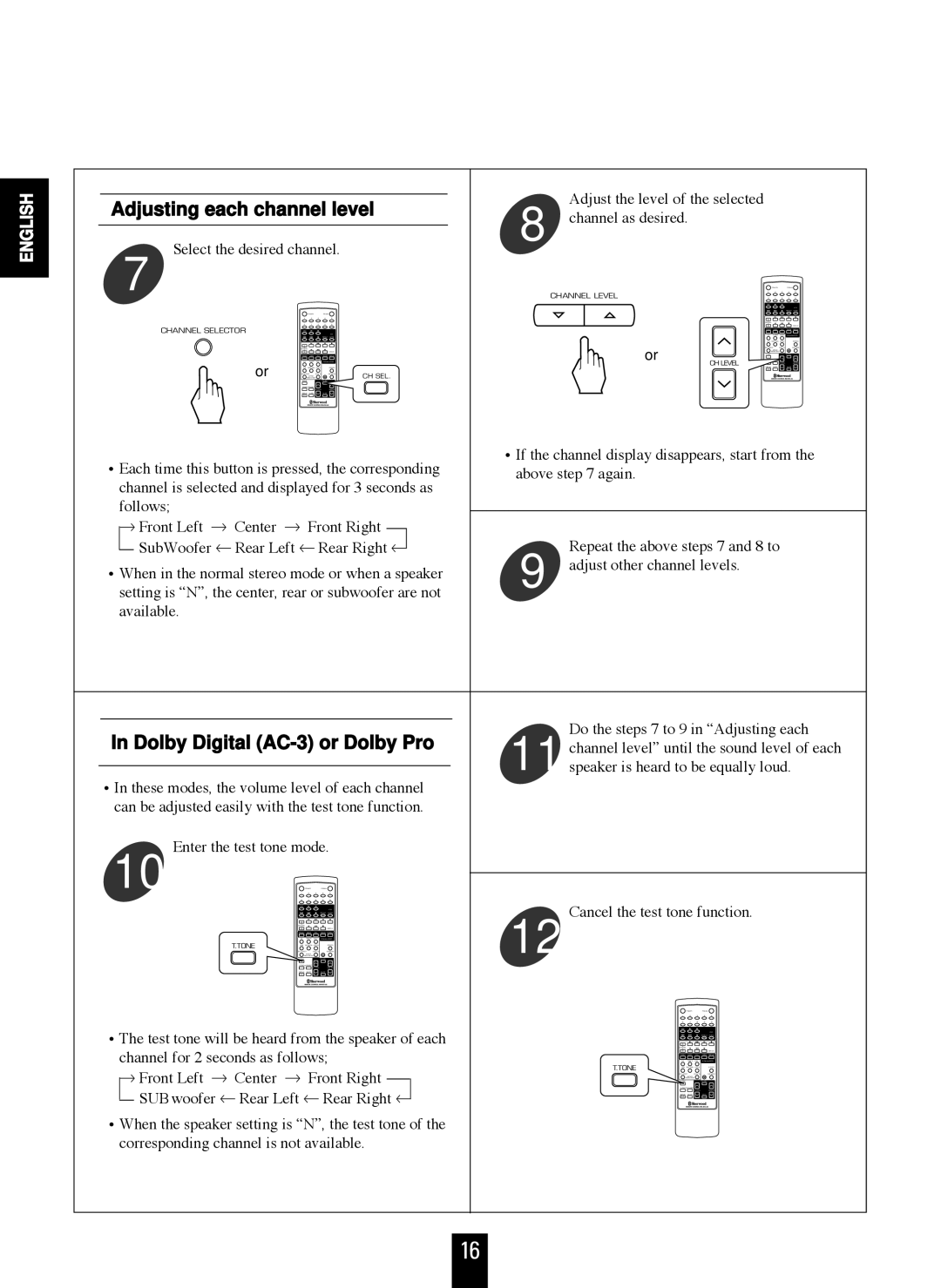 Sherwood RVD-6090R operating instructions Adjusting each channel level, Dolby Digital AC-3 or Dolby Pro 