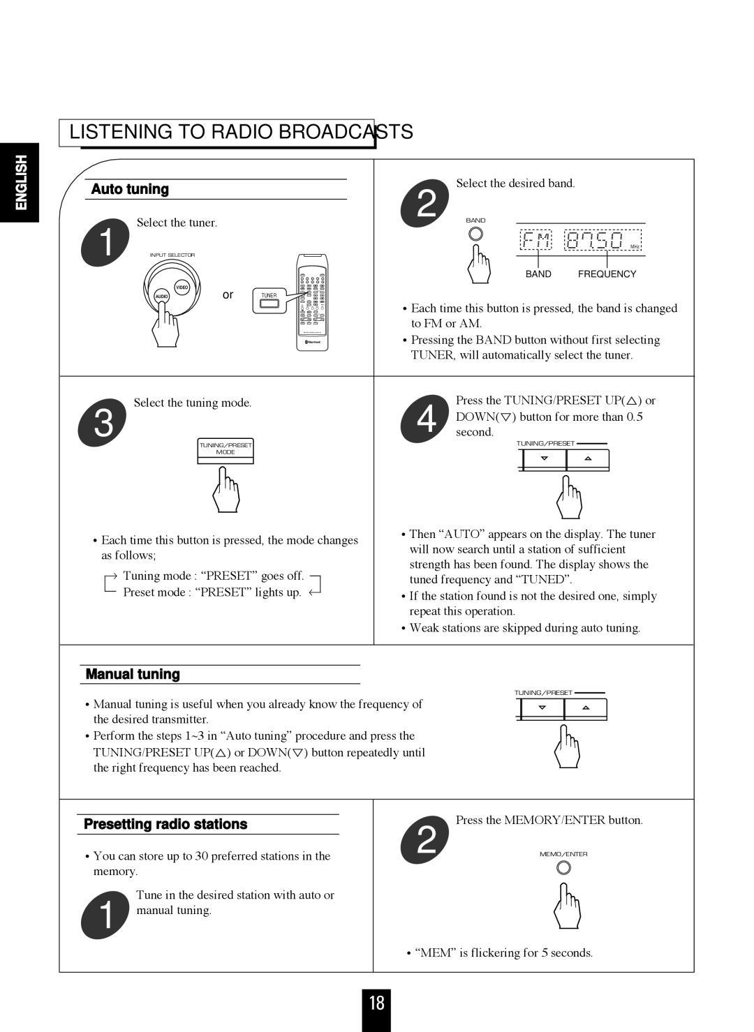 Sherwood RVD-6090R Listening to Radio Broadcasts, Auto tuning, Manual tuning, Presetting radio stations 