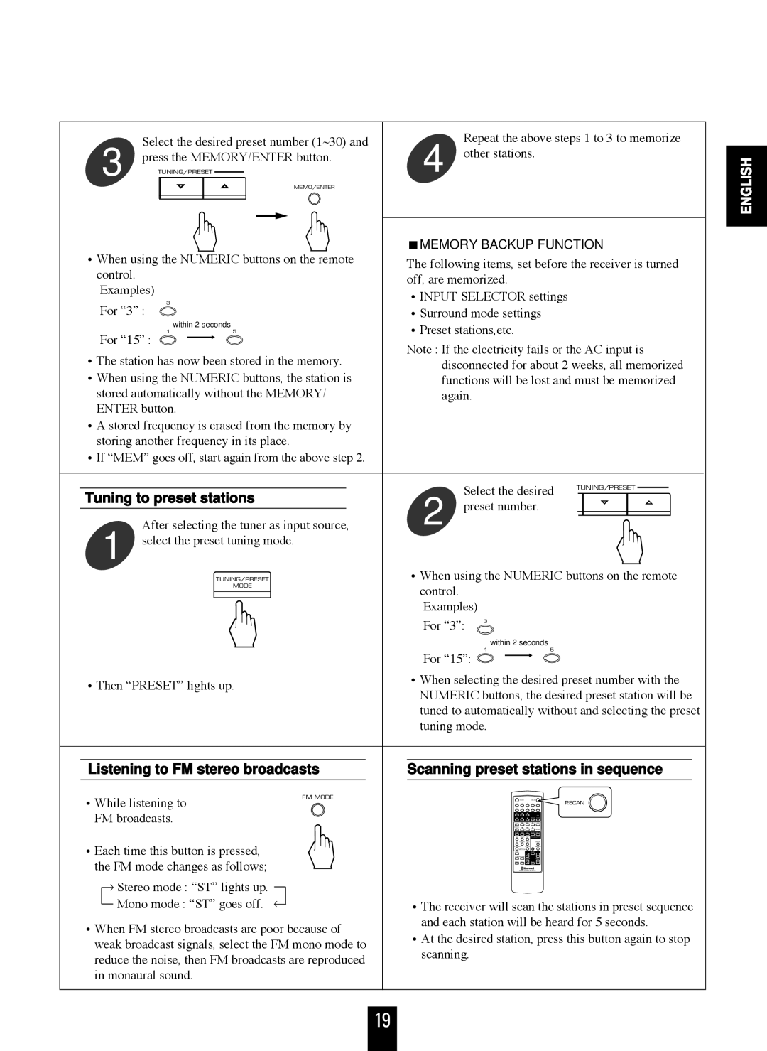 Sherwood RVD-6090R operating instructions Tuning to preset stations, Memory Backup Function 