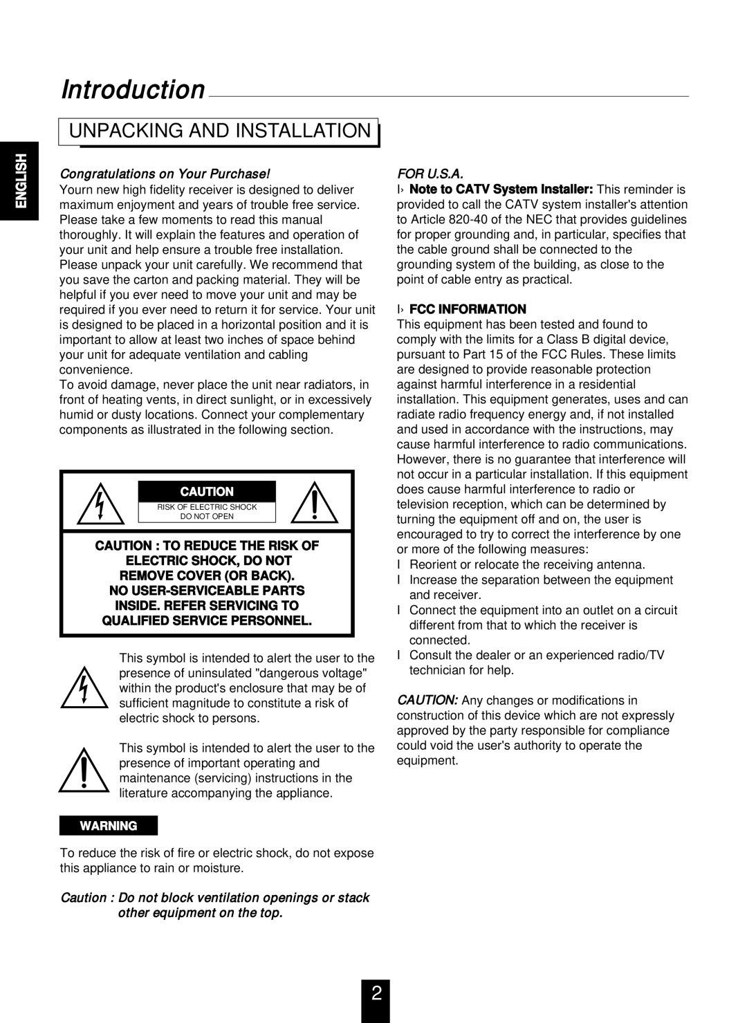 Sherwood RVD-6090R operating instructions Introduction, Unpacking and Installation 