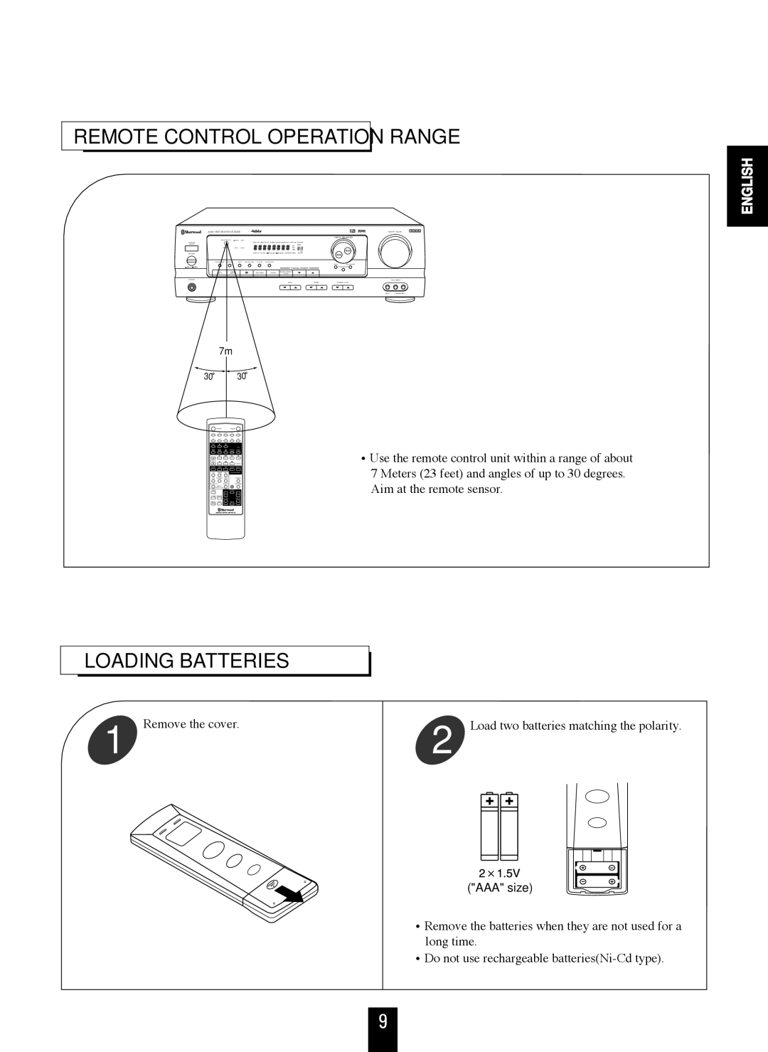 Sherwood RVD-6090R operating instructions Remote Control Operation Range, Loading Batteries 