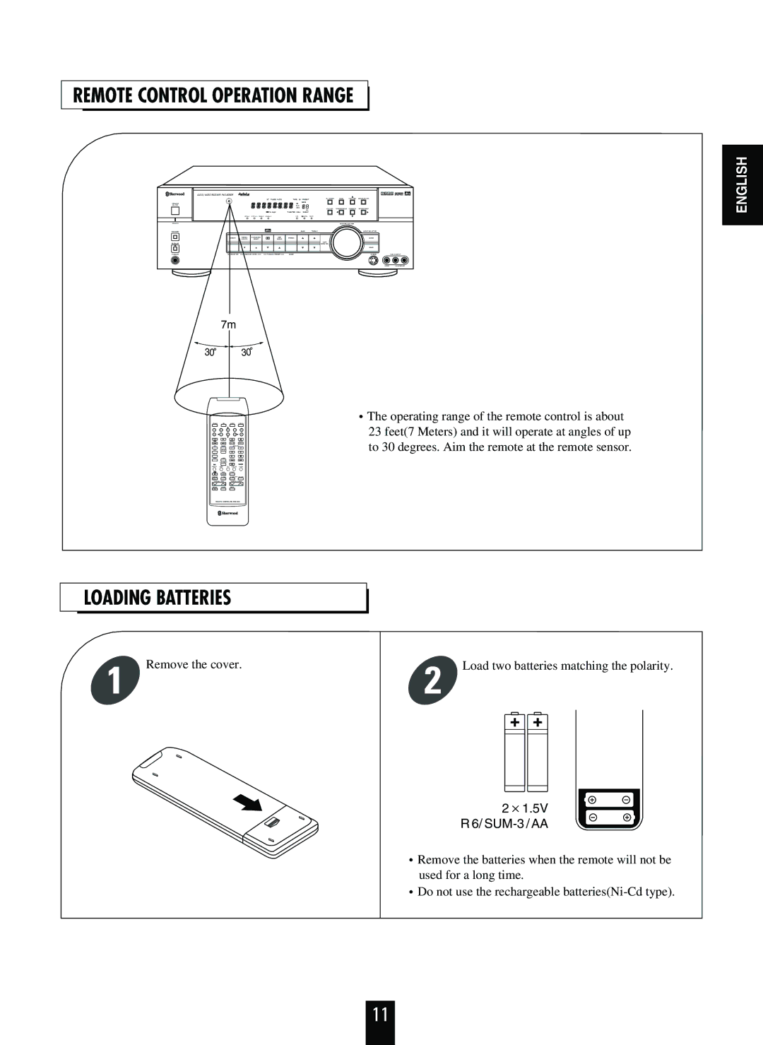 Sherwood RVD-9090R operating instructions Loading Batteries, Remote Control Operation Range 