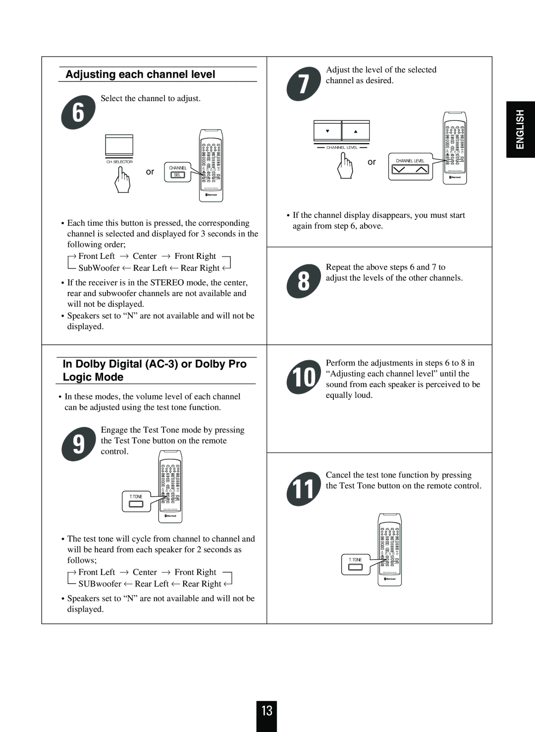 Sherwood RVD-9090R operating instructions Adjusting each channel level, Dolby Digital AC-3 or Dolby Pro, Logic Mode 