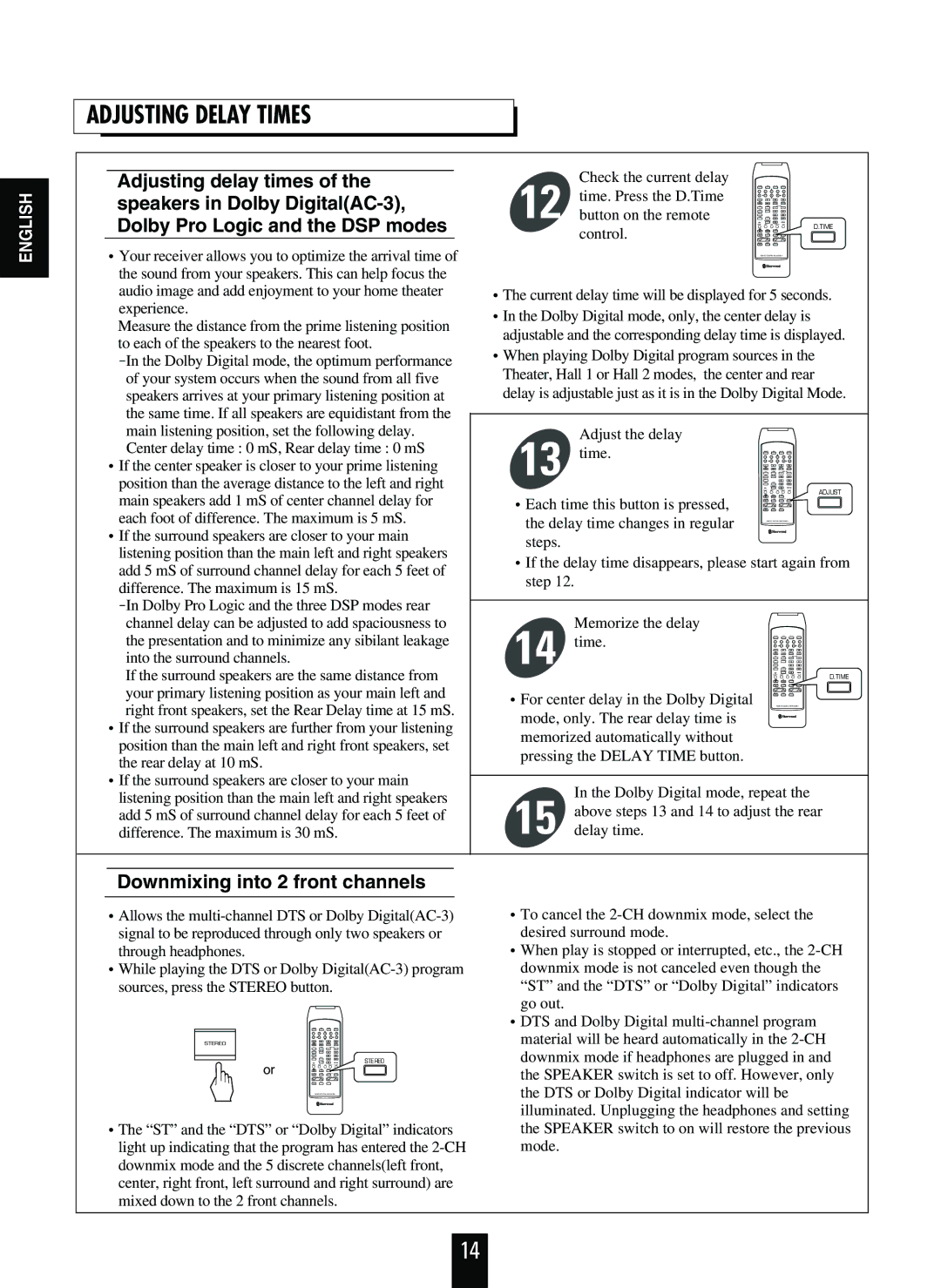 Sherwood RVD-9090R operating instructions Adjusting Delay Times, Downmixing into 2 front channels 