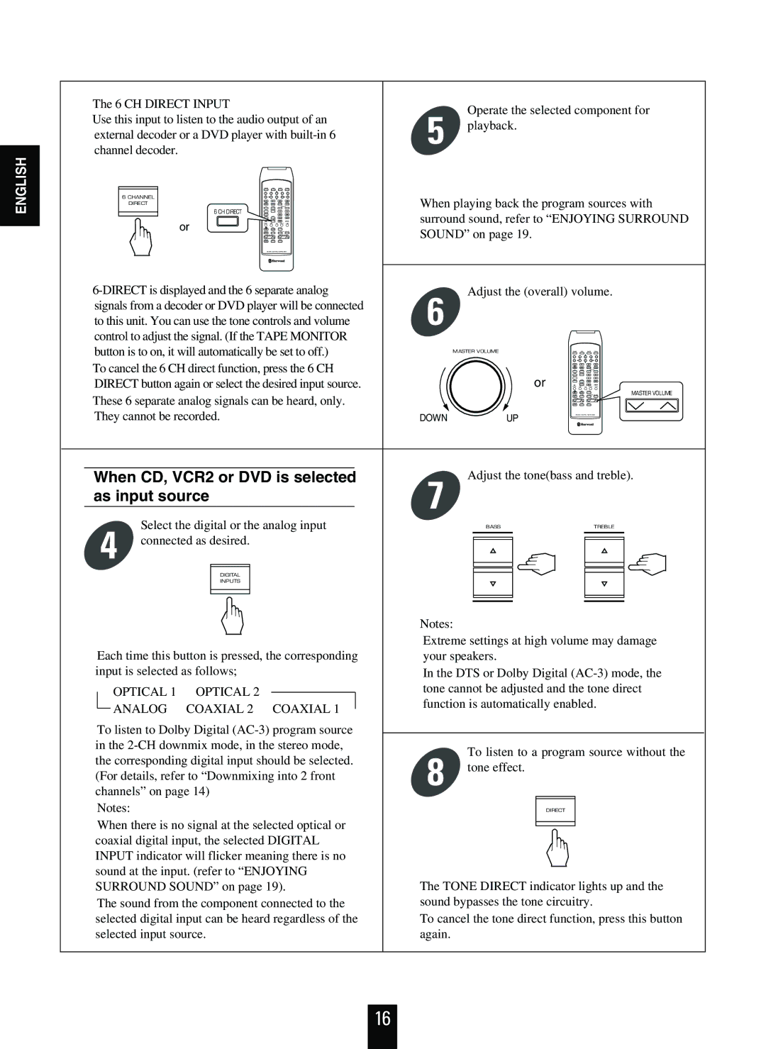 Sherwood RVD-9090R operating instructions When CD, VCR2 or DVD is selected, As input source, Optical, Coaxial 2 Coaxial 