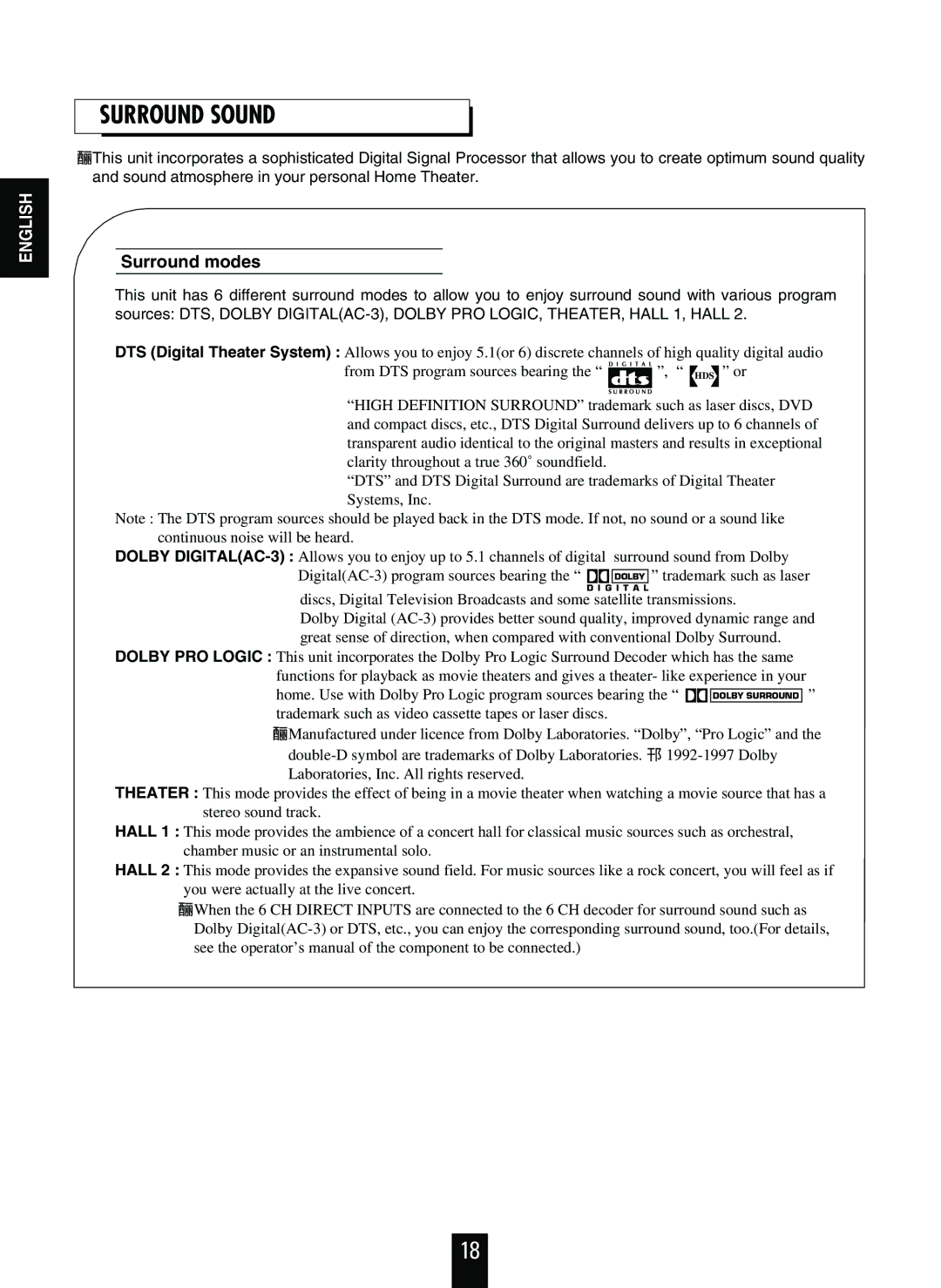 Sherwood RVD-9090R operating instructions Surround Sound, Surround modes 