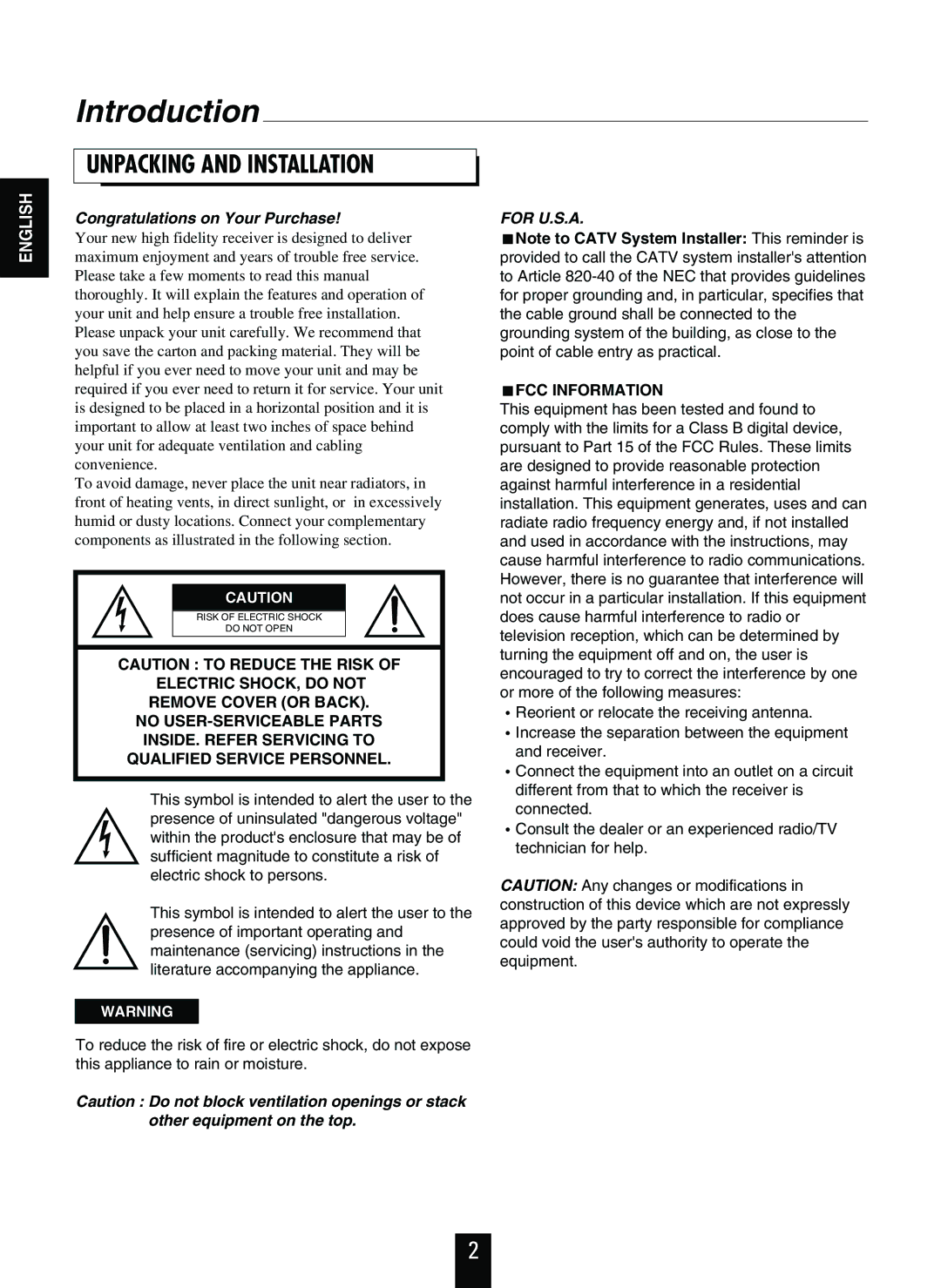 Sherwood RVD-9090R operating instructions Introduction, Unpacking and Installation 