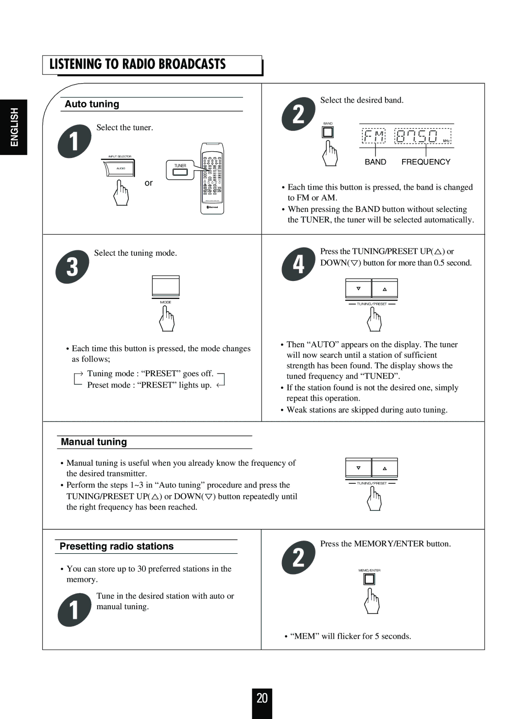 Sherwood RVD-9090R Listening to Radio Broadcasts, Auto tuning, Manual tuning, Presetting radio stations 