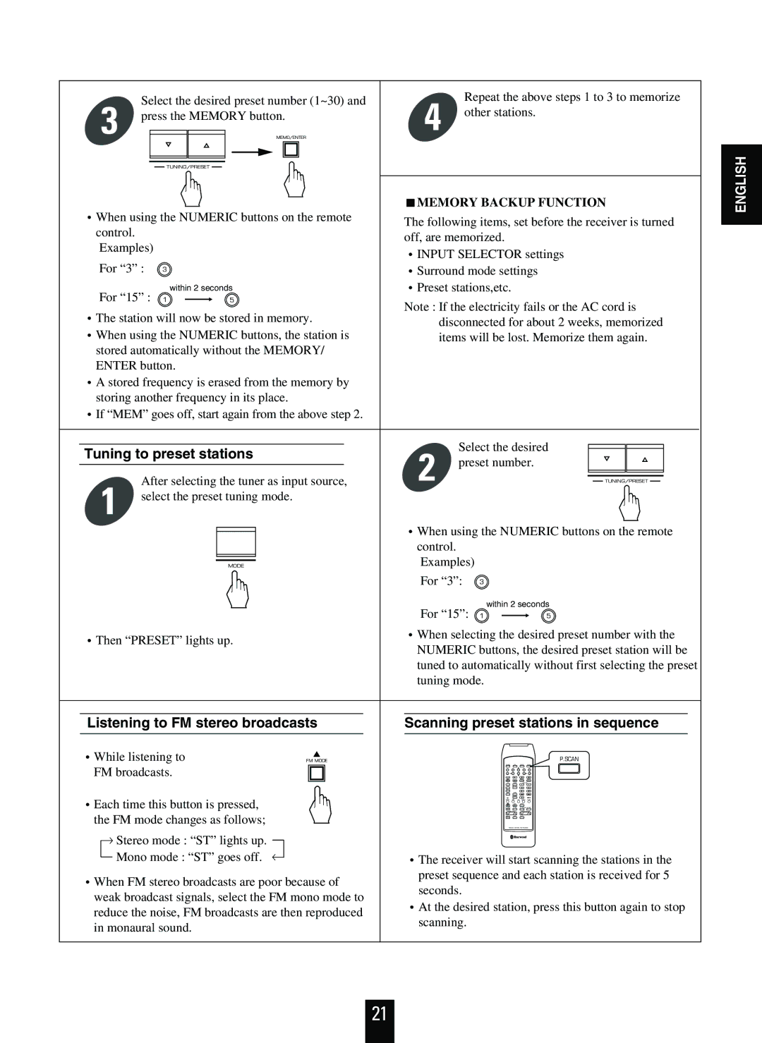 Sherwood RVD-9090R operating instructions Tuning to preset stations, Memory Backup Function 