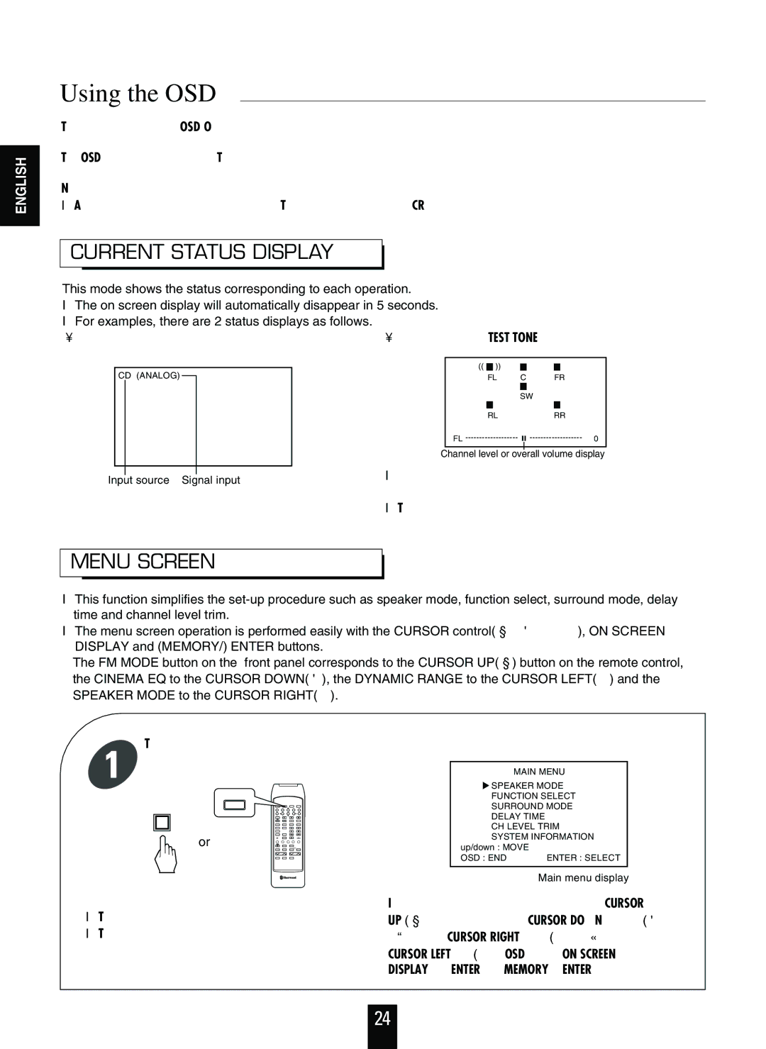 Sherwood RVD-9090R operating instructions Using the OSD, Current Status Display, Menu Screen 