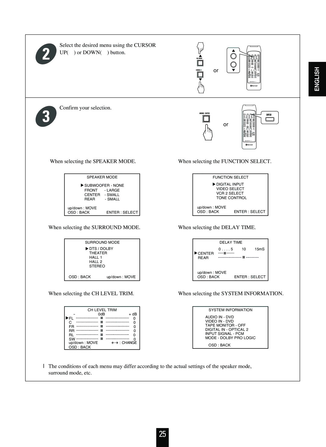 Sherwood RVD-9090R operating instructions Select the desired menu using the Cursor UP or Down button 