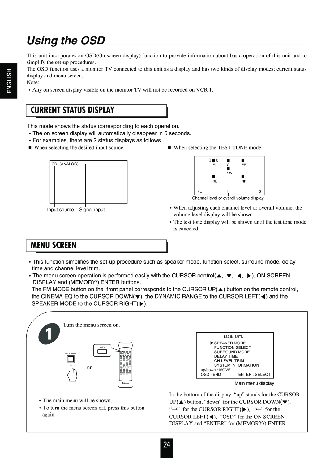 Sherwood RVD-9090R operating instructions Using the OSD, Current Status Display, Menu Screen, English 