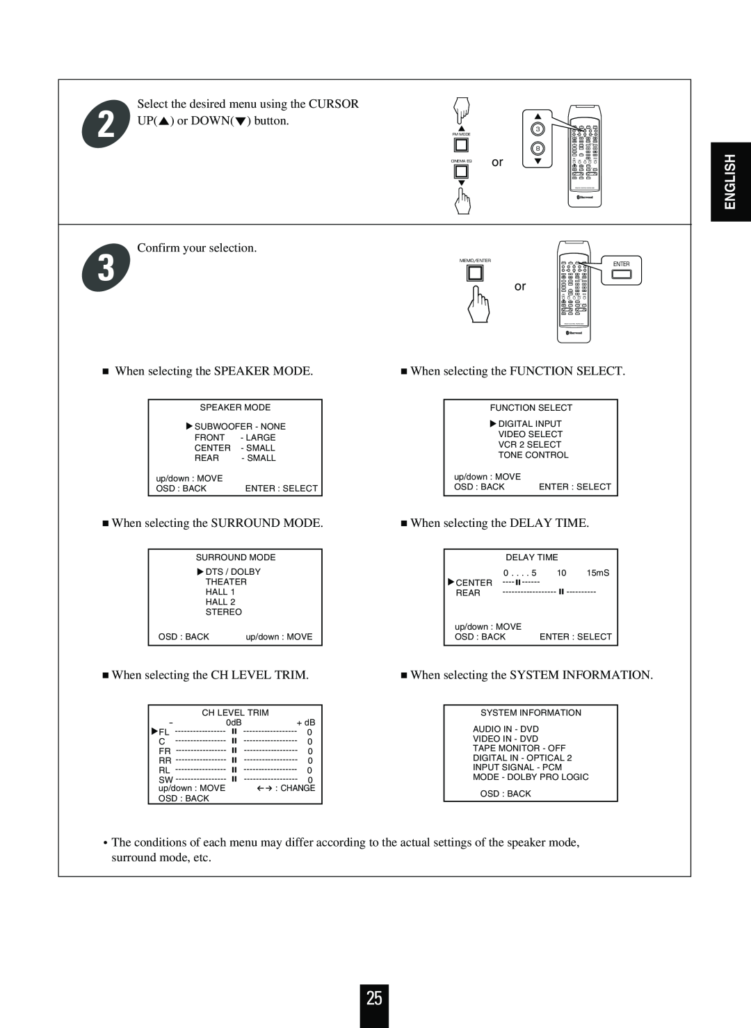 Sherwood RVD-9090R operating instructions Select the desired menu using the CURSOR, English 