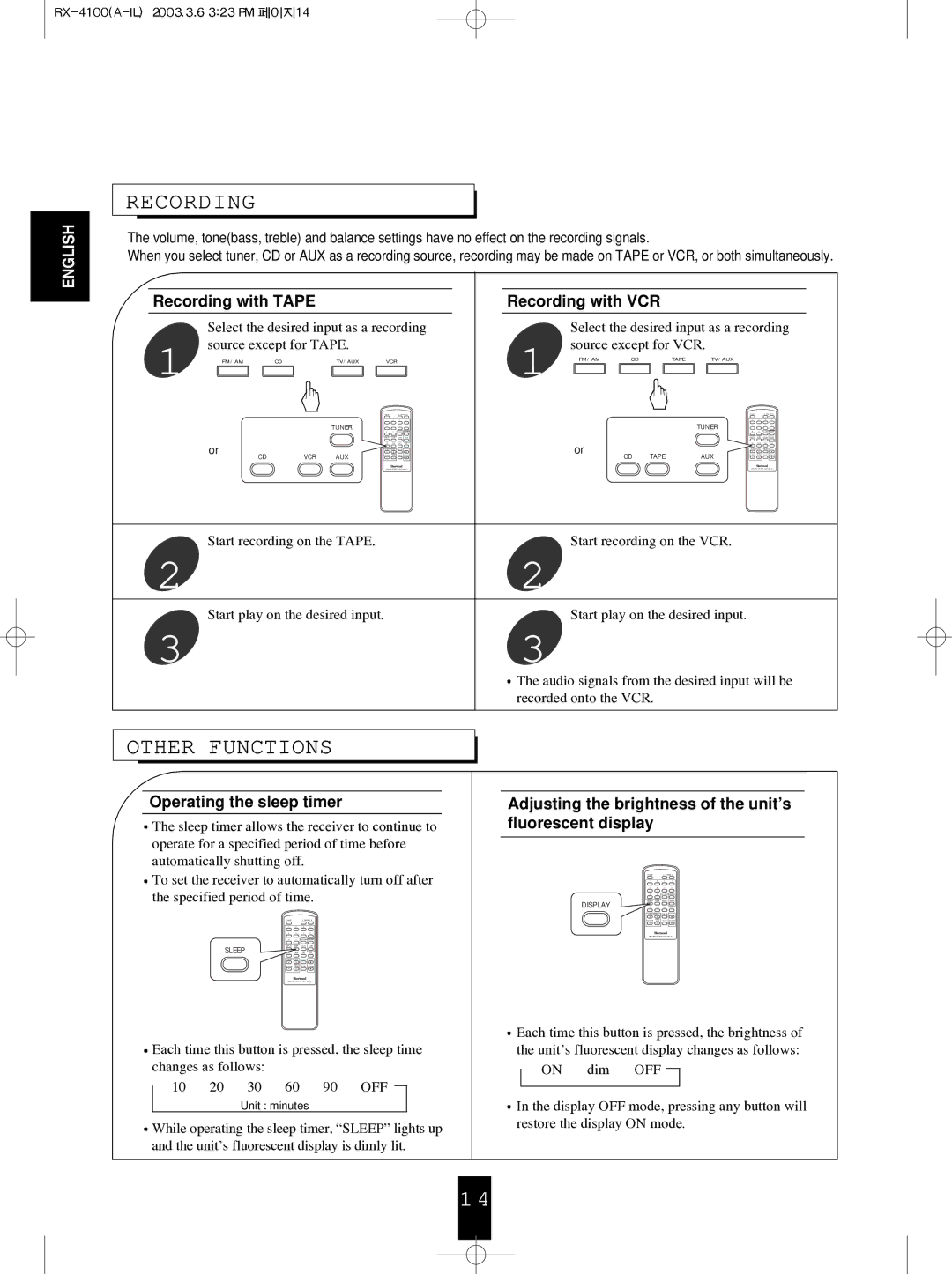 Sherwood RX-4100 manual Other Functions, Recording with Tape Recording with VCR, Operating the sleep timer 