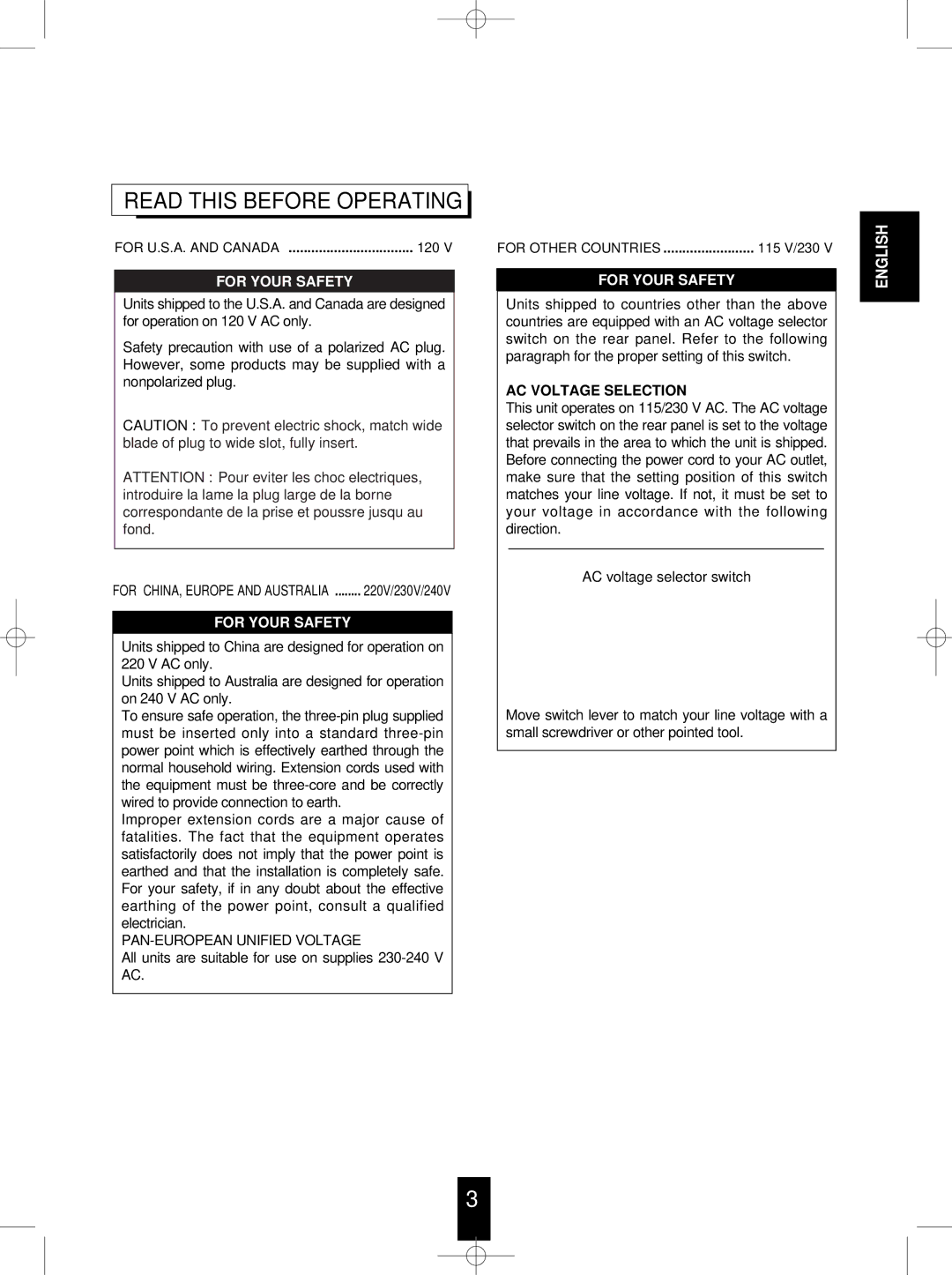 Sherwood RX-4100 manual Read this Before Operating, AC Voltage Selection 