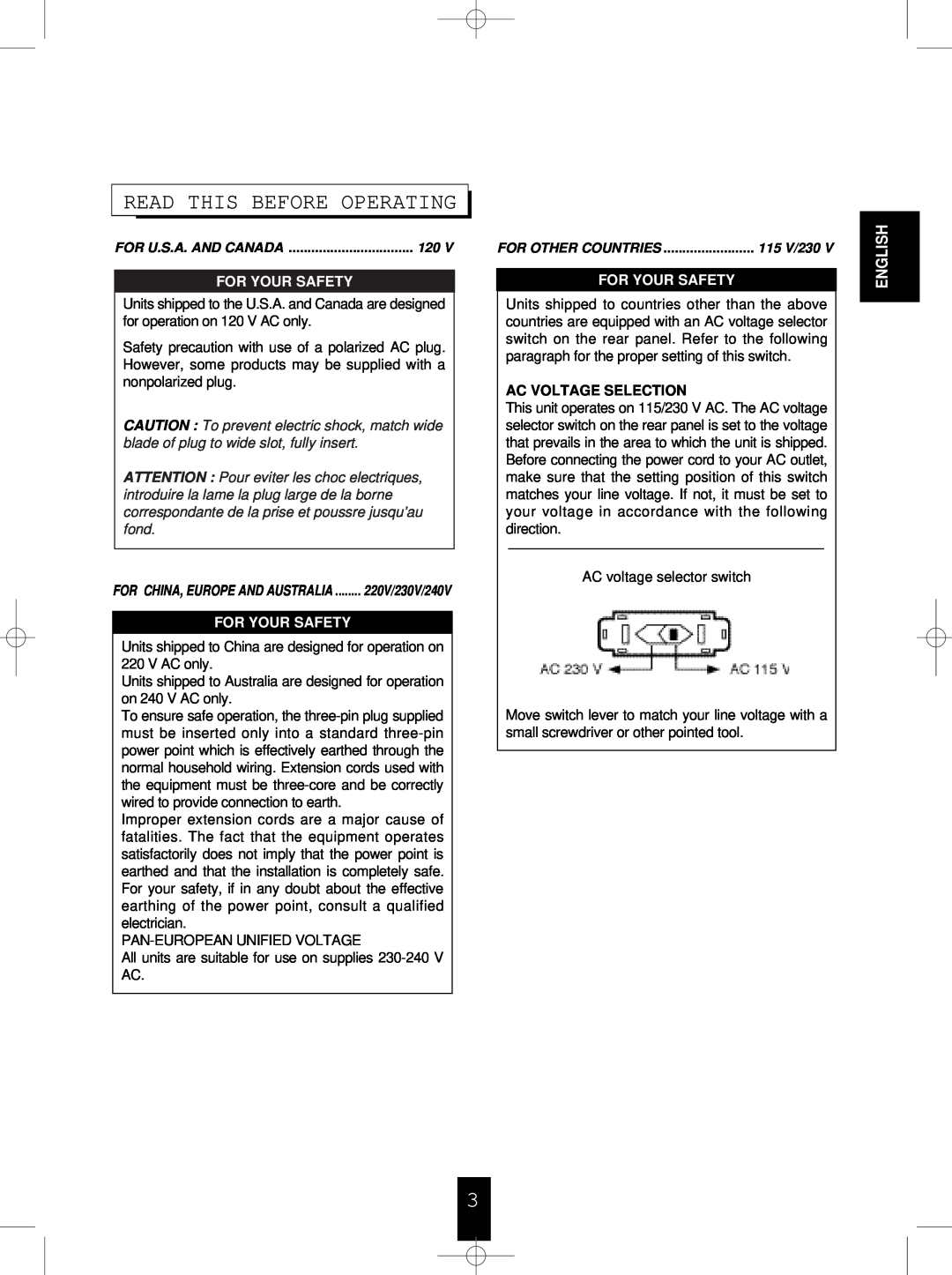 Sherwood RX-4100 manual Read This Before Operating, For Your Safety, Ac Voltage Selection, English 