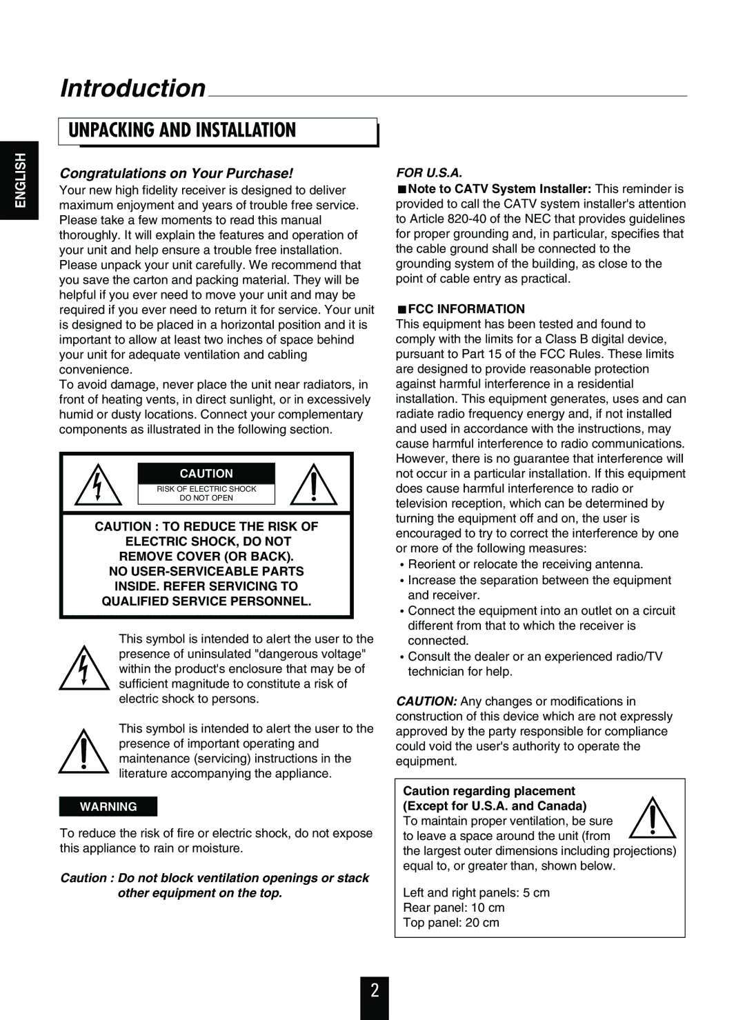 Sherwood RX-4103 manual Introduction, Unpacking and Installation 