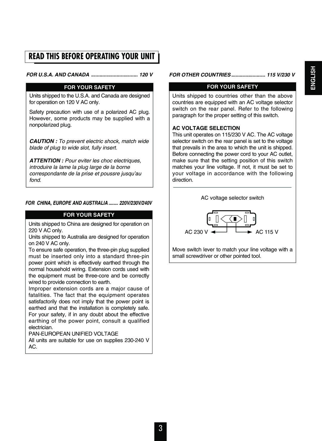 Sherwood RX-4103 manual Read this Before Operating Your Unit, AC Voltage Selection 