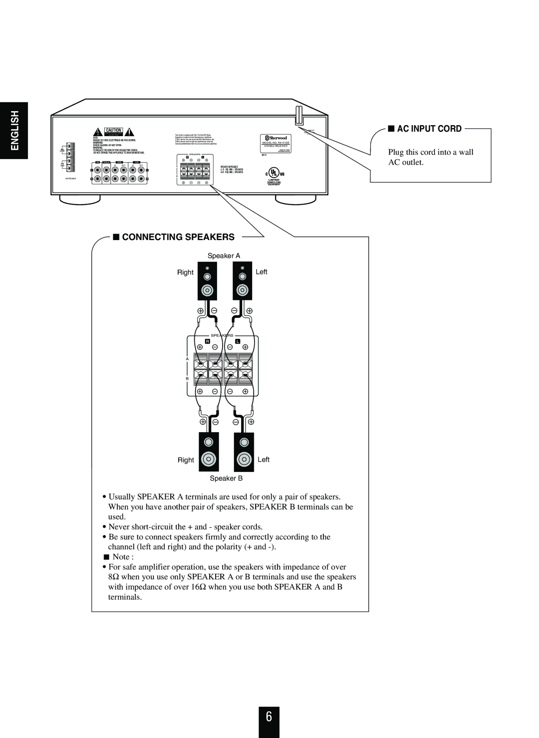 Sherwood RX-4103 manual Connecting Speakers, AC Input Cord 