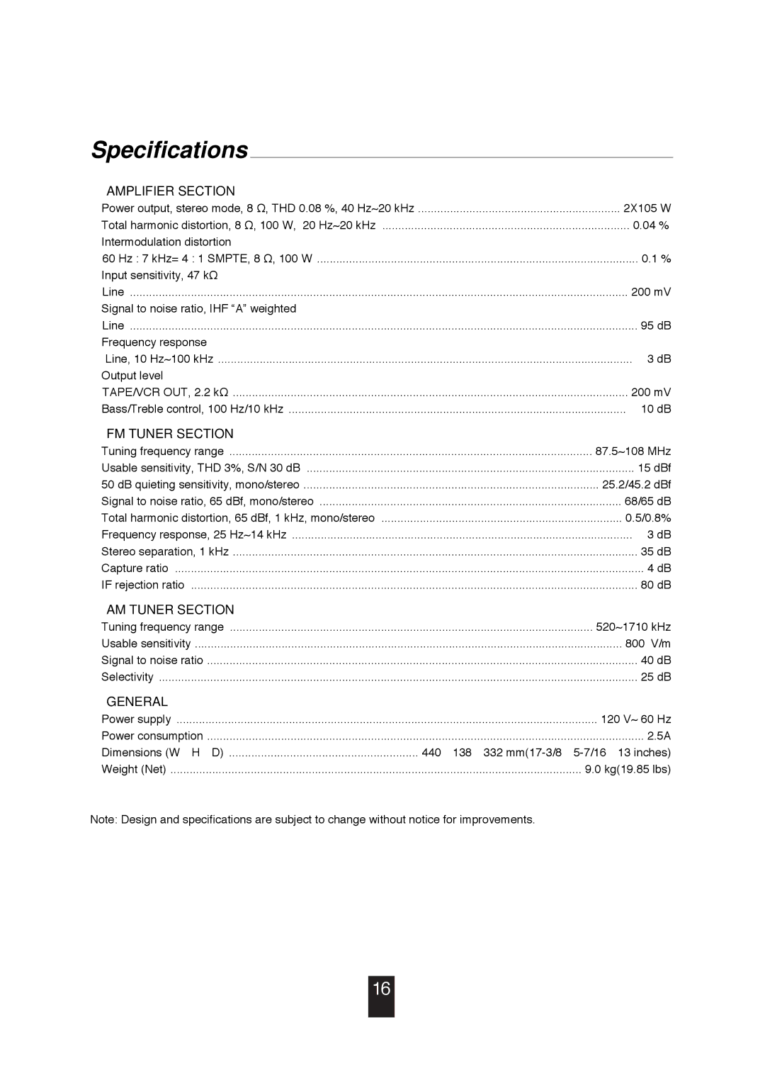 Sherwood RX-4105 manual Specifications, Amplifier Section 