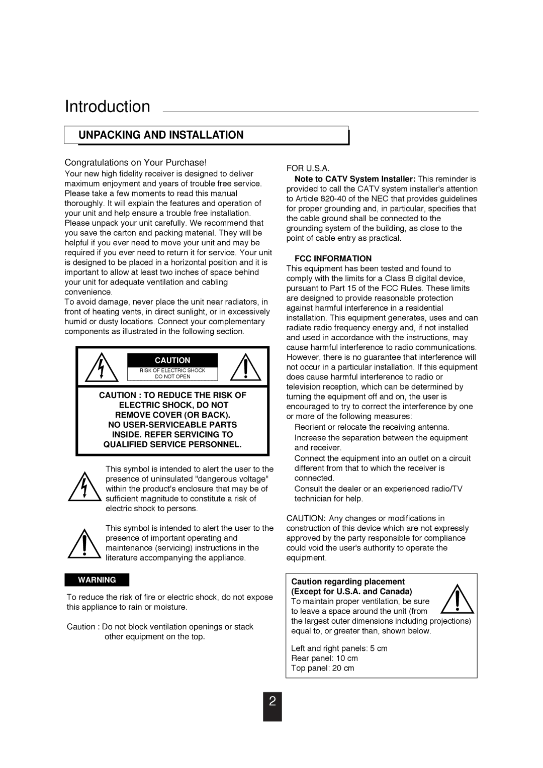 Sherwood RX-4105 manual Introduction, Unpacking and Installation 