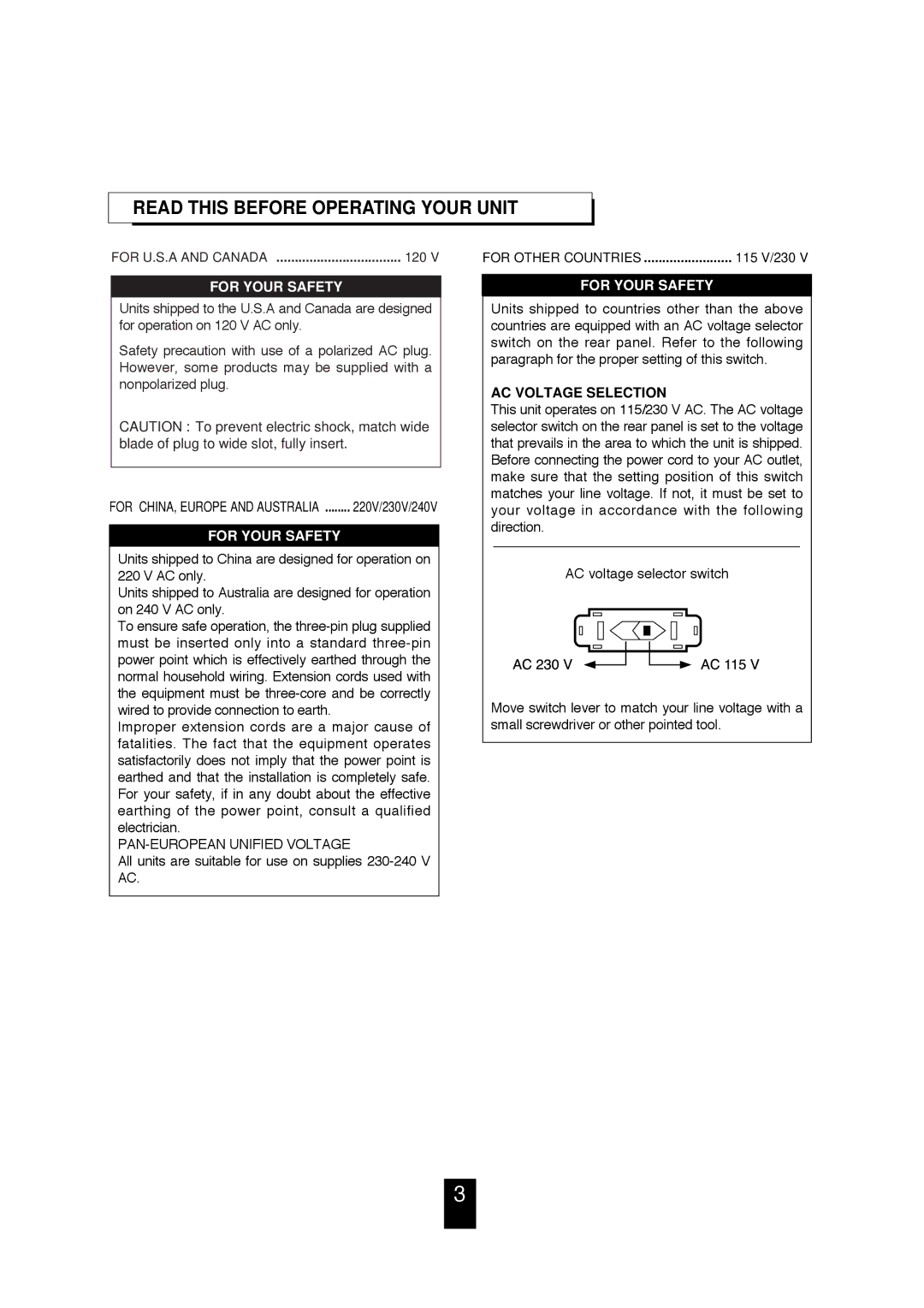 Sherwood RX-4105 manual Read this Before Operating Your Unit, AC Voltage Selection 