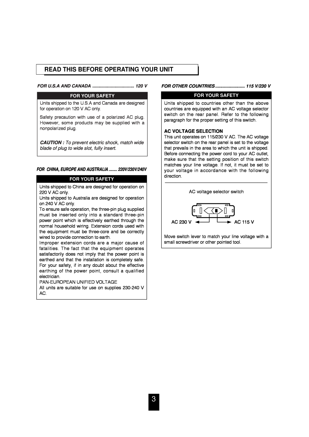 Sherwood RX-4105 manual Read This Before Operating Your Unit, For Your Safety, Ac Voltage Selection 