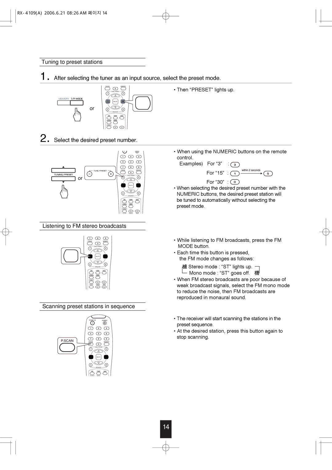 Sherwood RX-4109 manual Tuning to preset stations, Select the desired preset number 