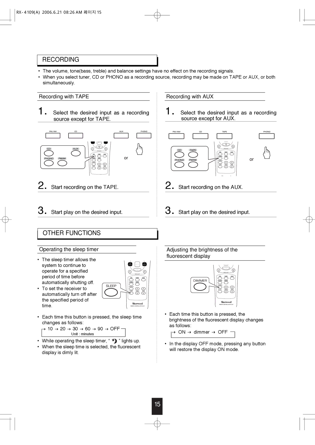 Sherwood RX-4109 manual Recording, Other Functions 