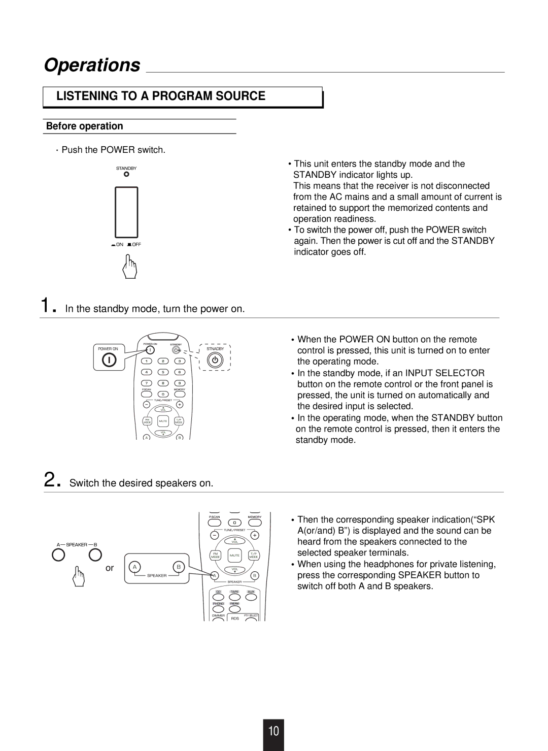 Sherwood RX-4109 manual Operations, Listening to a Program Source, Before operation, Standby mode, turn the power on 