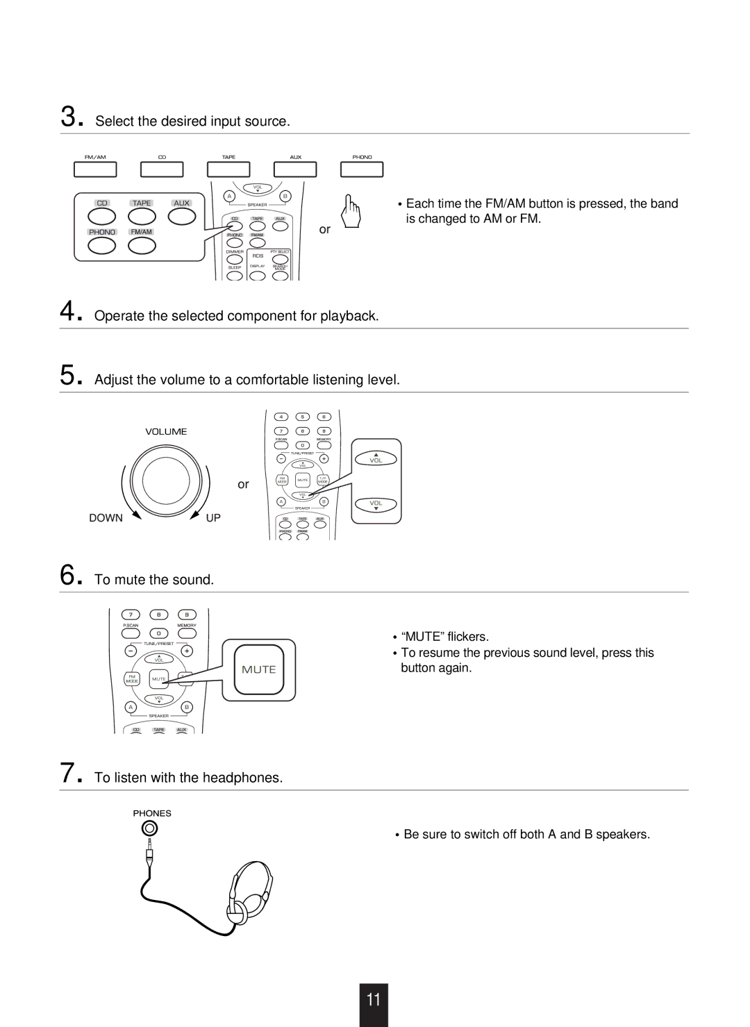 Sherwood RX-4109 manual Select the desired input source, To listen with the headphones 