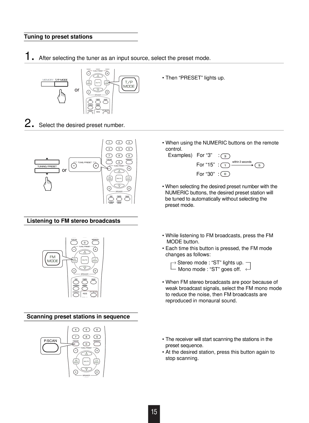 Sherwood RX-4109 manual Tuning to preset stations, Select the desired preset number 