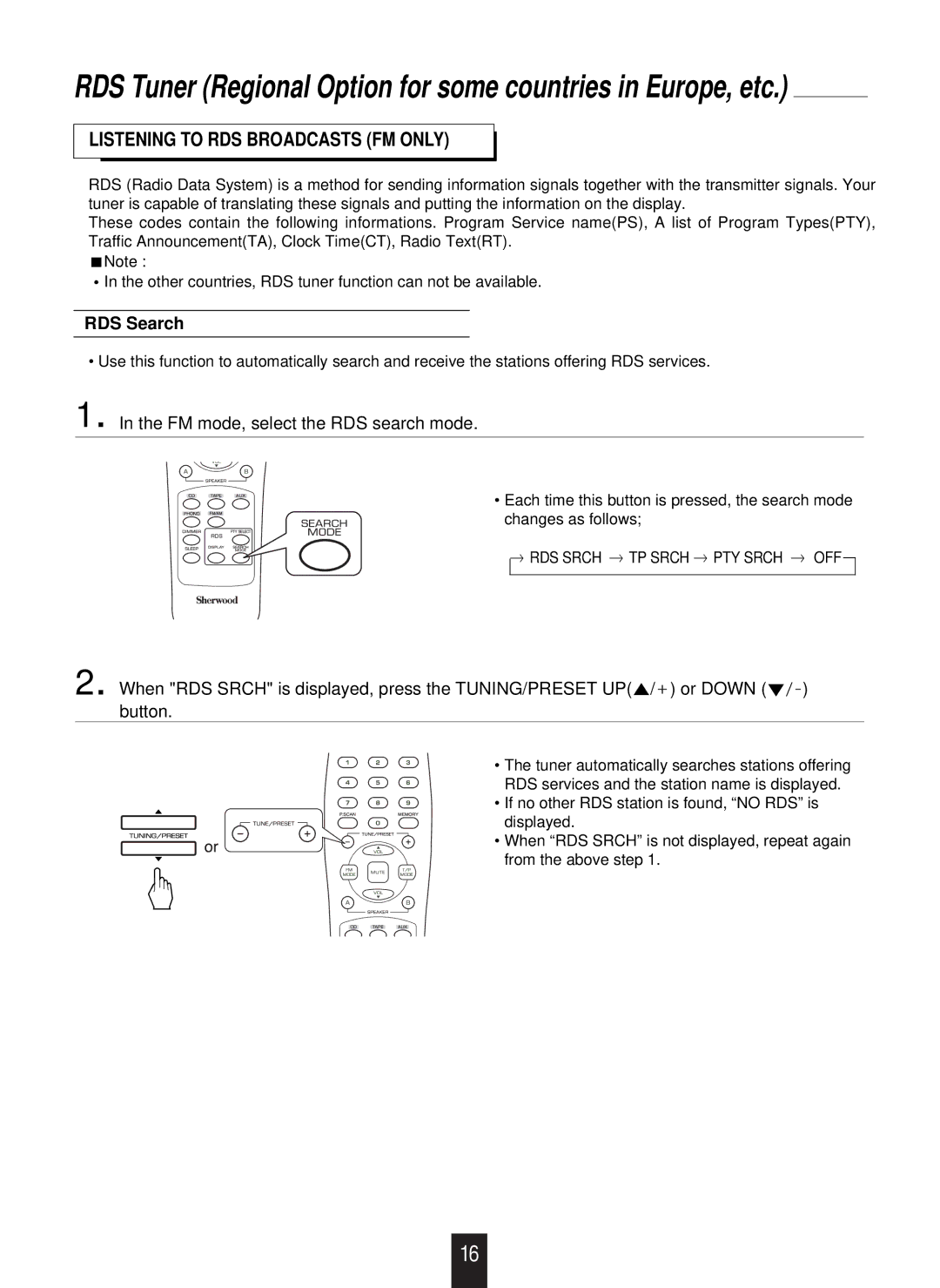 Sherwood RX-4109 manual RDS Search, FM mode, select the RDS search mode, RDS Srch TP Srch PTY Srch OFF 