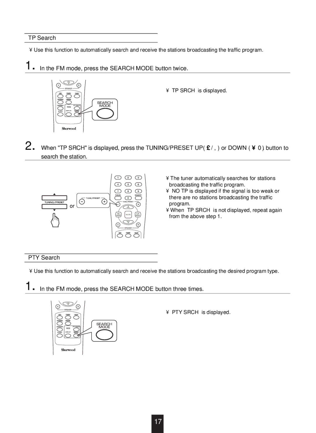 Sherwood RX-4109 manual TP Search, FM mode, press the Search Mode button twice, PTY Search 