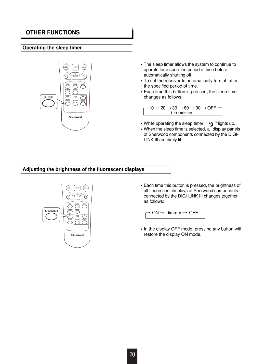 Sherwood RX-4109 manual Other Functions, Operating the sleep timer, Adjusting the brightness of the fluorescent displays 